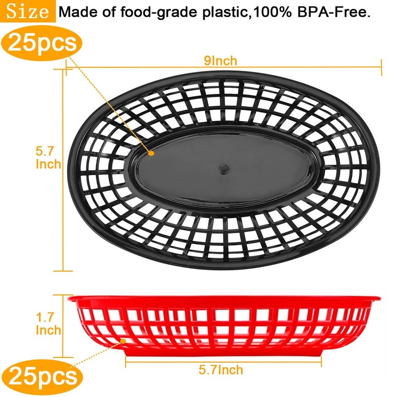 LOSYHU 50 Pack Fast Food Baskets  9"" x 5.7"" Reusable Plastic Food Serving Baskets  Plastic Oval Food Baskets for Party Picnic BBQ Burger Fries Sandwiches  Black and Red - Image 2